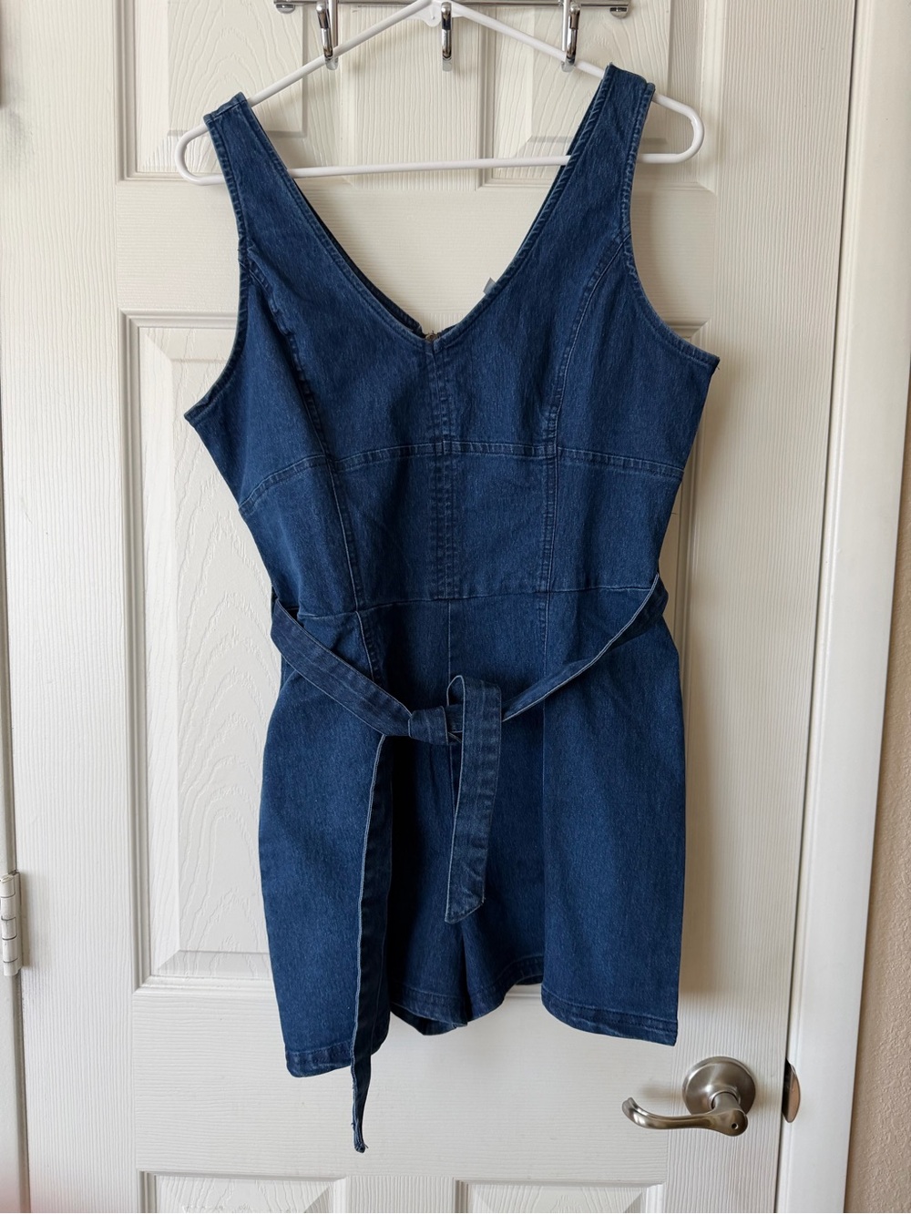 Derek Heart Dark Blue Denim V-Neck Short Romper with Waist Tie